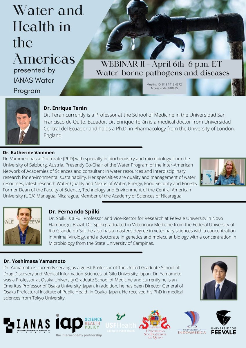 The IANAS Water Program webinar series on Water and Health in the Americas presents the second of four events! 💧💧

Join us on 𝐖𝐄𝐁𝐈𝐍𝐀𝐑 𝐈𝐈 𝐖𝐚𝐭𝐞𝐫-𝐛𝐨𝐫𝐧𝐞 𝐩𝐚𝐭𝐡𝐨𝐠𝐞𝐧𝐬 𝐚𝐧𝐝 𝐝𝐢𝐬𝐞𝐚𝐬𝐞𝐬 next Wednesday, April 6th - 6 p.m. (ET).