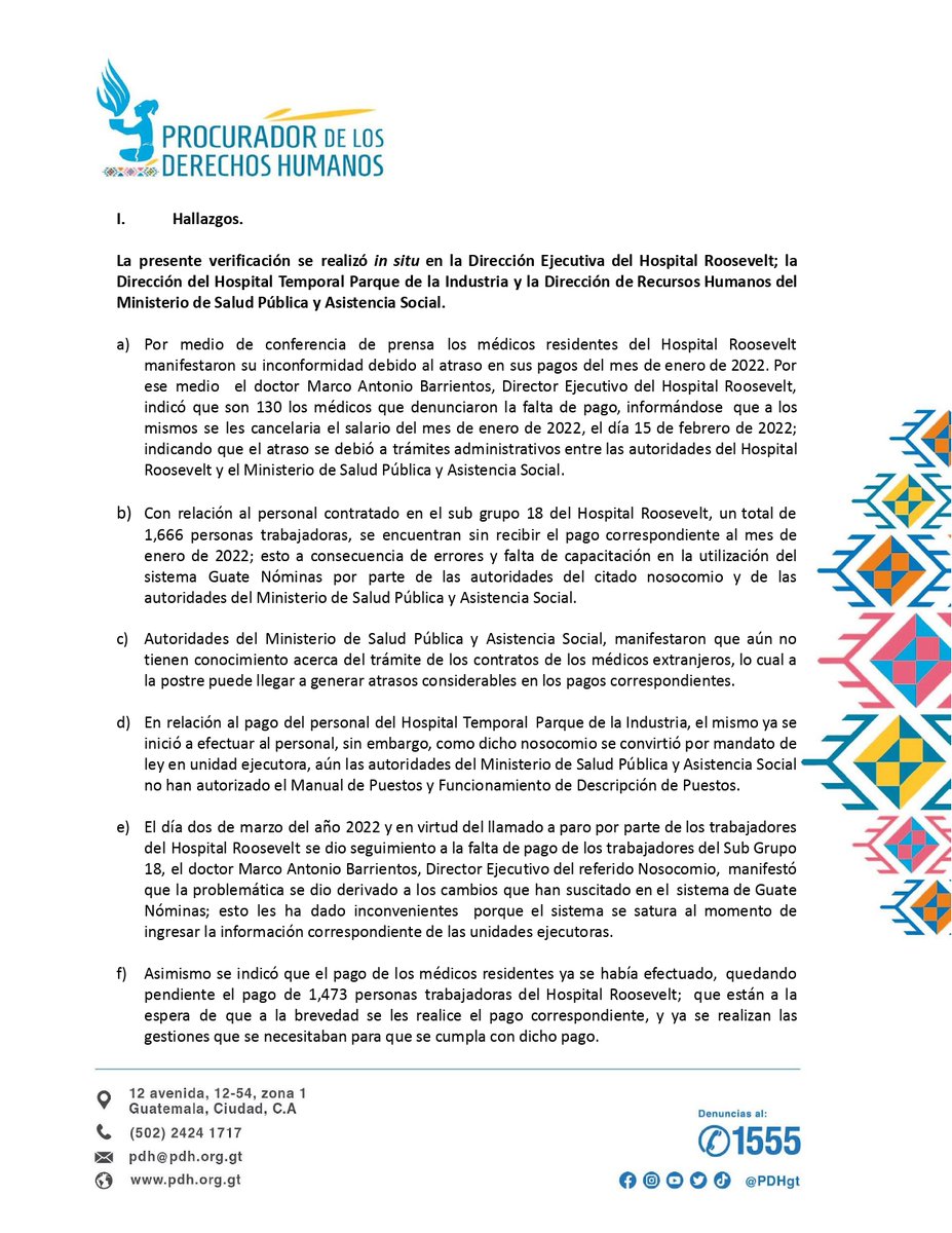 PDHgt's tweet photo. #HallazgosPDH #ConclusionesPDH y #RecomendacionesPDH de verificación del pago de las personas trabajadoras del @HRooseveltGT (médicos residentes, extranjeros y Sub Grupo 18) y del personal del Hospital Temporal Parque de la Industria
https://t.co/iYRdhPTKNY https://t.co/SppFwIPVrJ