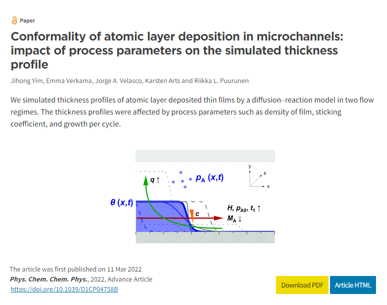 rlpuu's tweet photo. Our PCCP paper on #ALDconformality simulation is out! https://t.co/oXRoh7AYkK
Simulations in free molecular flow and transition flow (Kn number >100 to one).
Thanks @Jihonglulu, Emma, @jorgevelasco7 @ArtsKarsten!
#ALDep #PillarHall @AaltoCatalysis @AaltoResearch @TUeindhoven https://t.co/yzNbGXF5cS
