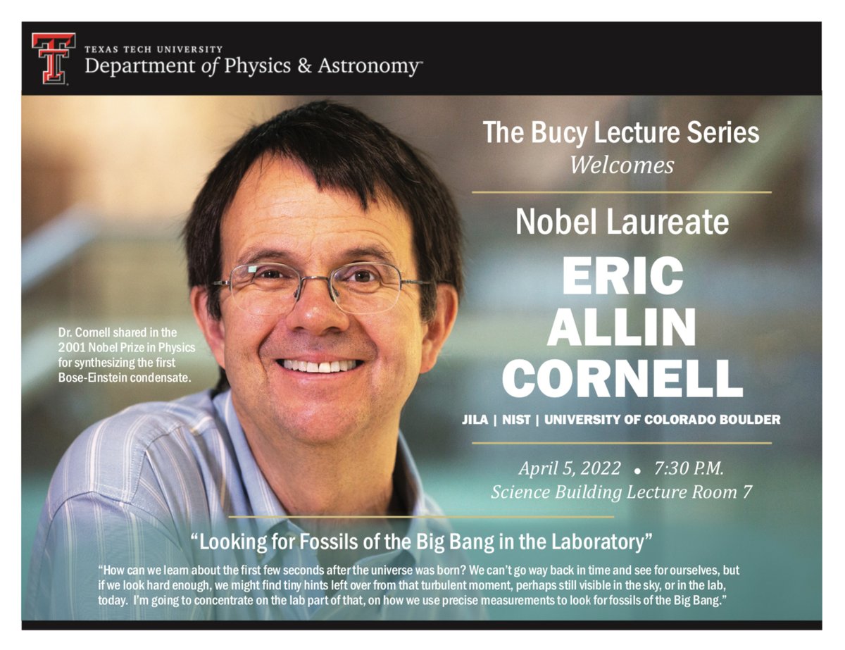 TexasTech_Now's tweet image. TUESDAY: Nobel Prize-Winning Physicist to Deliver 2022 Bucy Lecture
Eric Cornell will present “Looking for Fossils of the Big Bang in the Laboratory” on Tuesday.
📰➡ bddy.me/3wTXy5d
@TTUArtsSciences | @TechPhysics