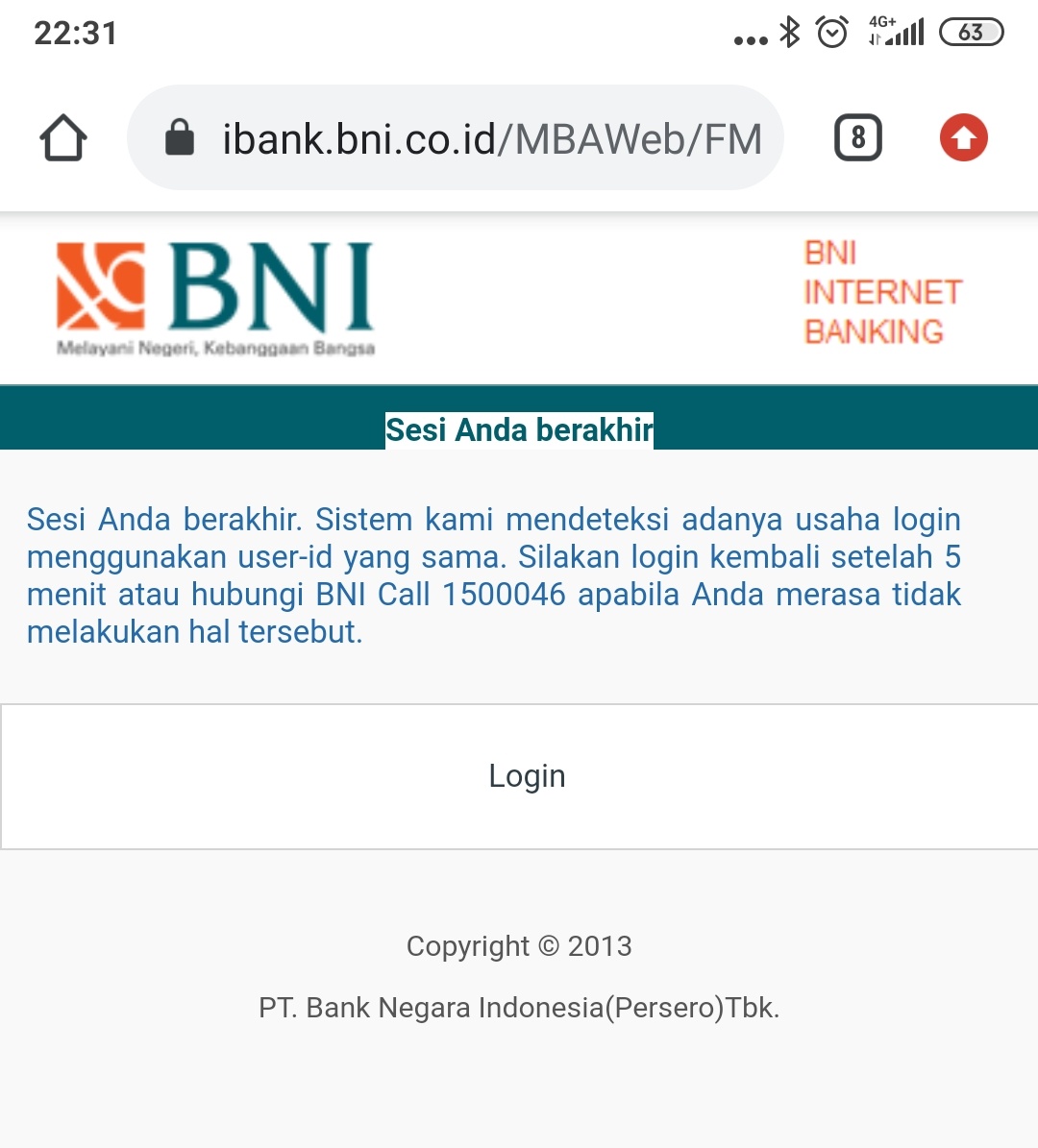 Dear Bank <a href="/BNI/">PT Bank Negara Indonesia (Persero) Tbk.</a> <a href="/BNICustomerCare/">CustomerCareBNI</a> saya login menggunakan Internet Banking kalian dari pukul 07.00 s.d 22.31 hari ini. sdh coba berkali-kali kenapa respon selalu sama ya? apakah IB kalian memang rusak atau bagaimana ya.. Thanks..