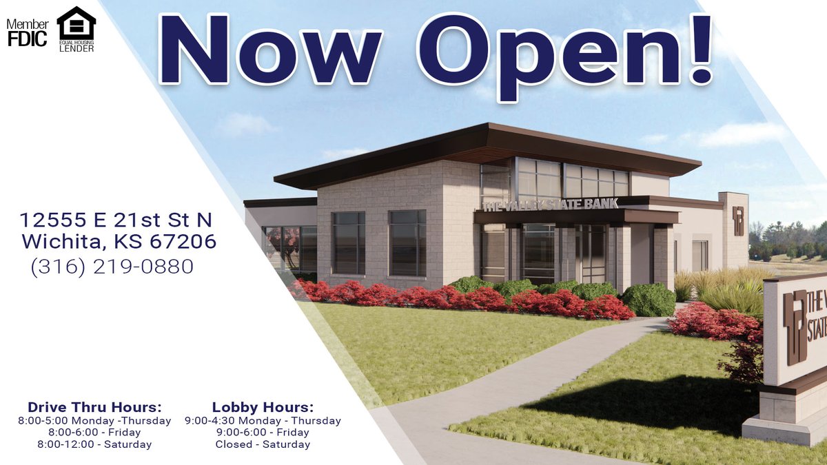 valleystatebank's tweet photo. Our East Wichita branch is now open, ready to serve you! Stop by for a visit and free cup of coffee! Have a great Winds-day! https://t.co/gw3PdeWEfw