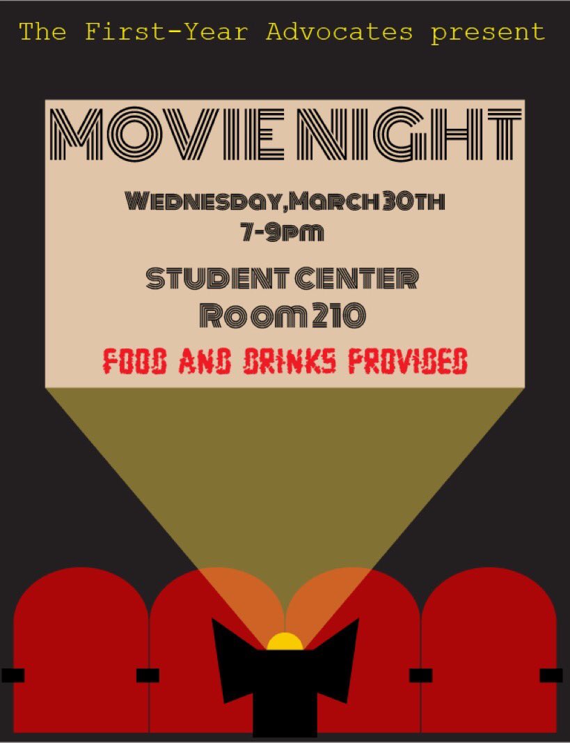 CsuYear's tweet photo. Tonight is Movie Night with FYA 
7-9 pm 
Student Center room 210 
Food &amp; Drinks are provided https://t.co/R2HMGqch4E