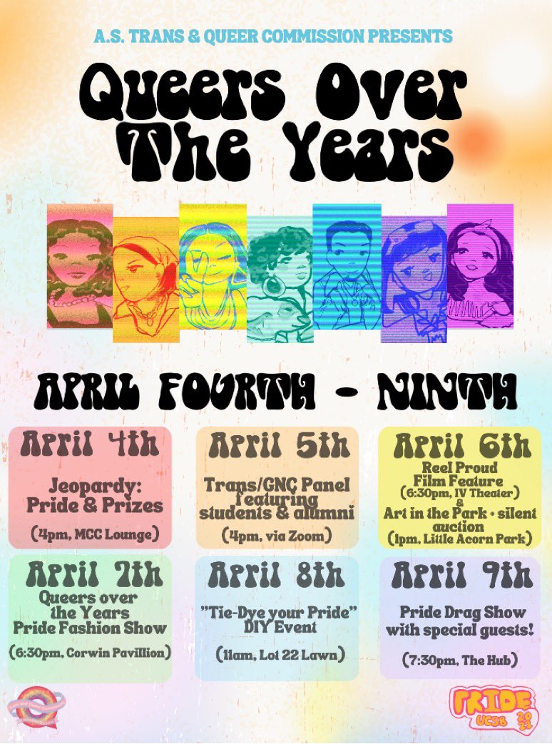 UCSBTQC's tweet photo. Good morning, #UCSB ! Here are all of our events scheduled for Pride Week next week! 💝🌈 https://t.co/FDX6YyDwC8