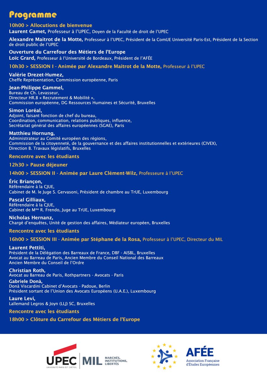 🗓️04.04.22 👉 Carrefour des métiers de l'Europe, organisé par <a href="/AFEE_Asso/">AFÉE - Association Française d'Études Européennes</a> et le #laboratoireMIL sous la direction scientifique de la professeure Laurence Potvin-Solis.
Plus d'infos 👉 bit.ly/3DodjCy