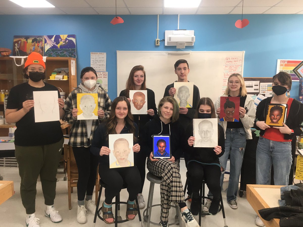 msflanaganart's tweet photo. NAHS is participating in the Memory Project again this year, creating portraits of children from Sierra Leone who are working to overcome the challenges of extreme poverty. Students are doing great so far and we will send off 15 finished pieces next week! @ledyard_nahs https://t.co/Lwnhb2g9BK