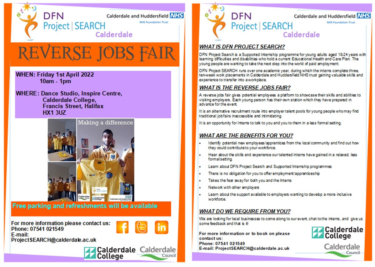 Looking forward to attending the 'Reverse Jobs Fair' on Friday. This event is organised by Project Search, to be held at Calderdale College and is an opportunity for you to meet the interns and understand more about this special initiative. I look forward to seeing you there.