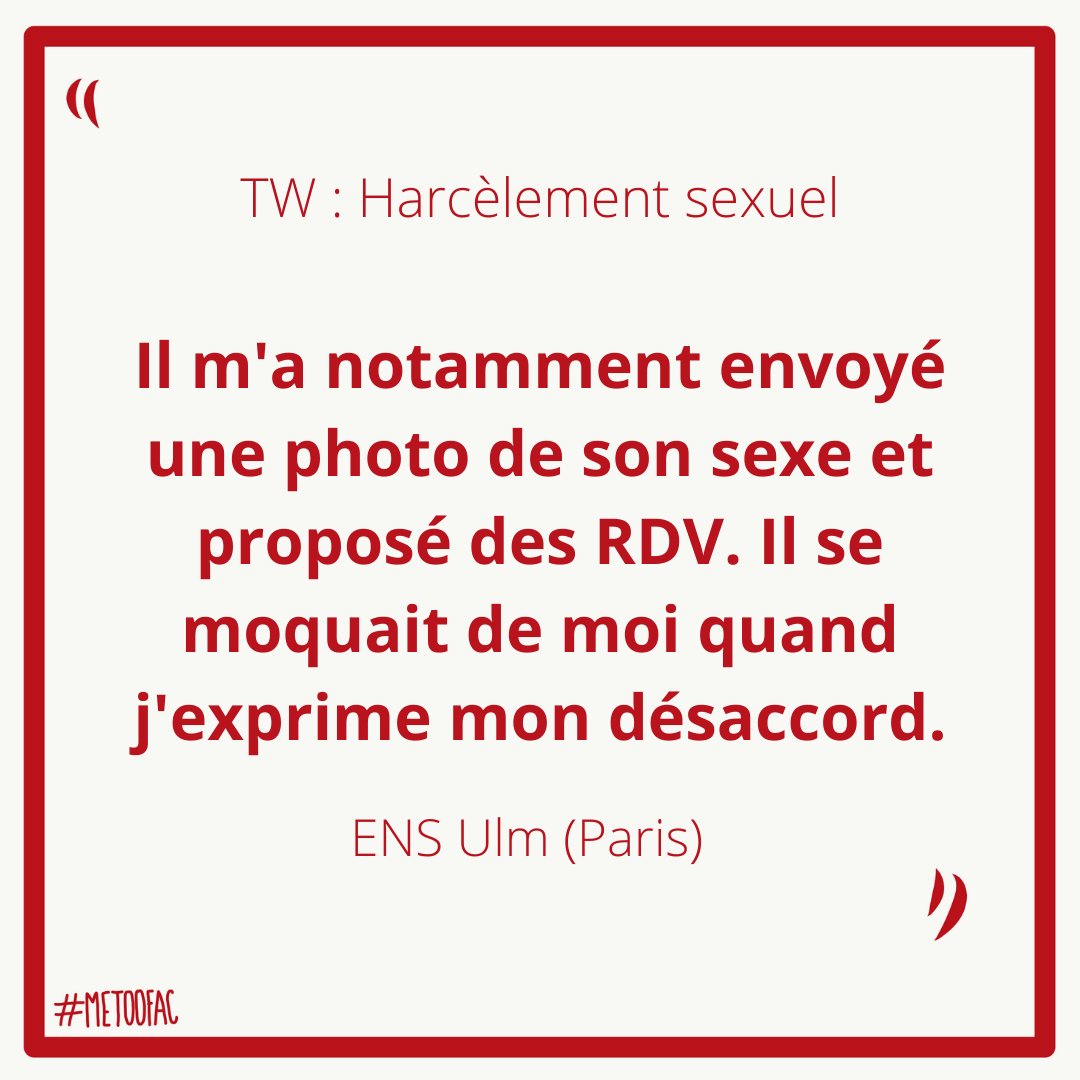 metoo_fac's tweet photo. TW : Harcèlement sexuel
Témoignage ENS Ulm :
"J'ai été harcelée sexuellement par un maître de conférences en littérature hispanique, également directeur d’un département d’études de l'Ecole Normale Supérieure de la rue d'Ulm à Paris... #metoofac https://t.co/jPV8Mw0hXj
