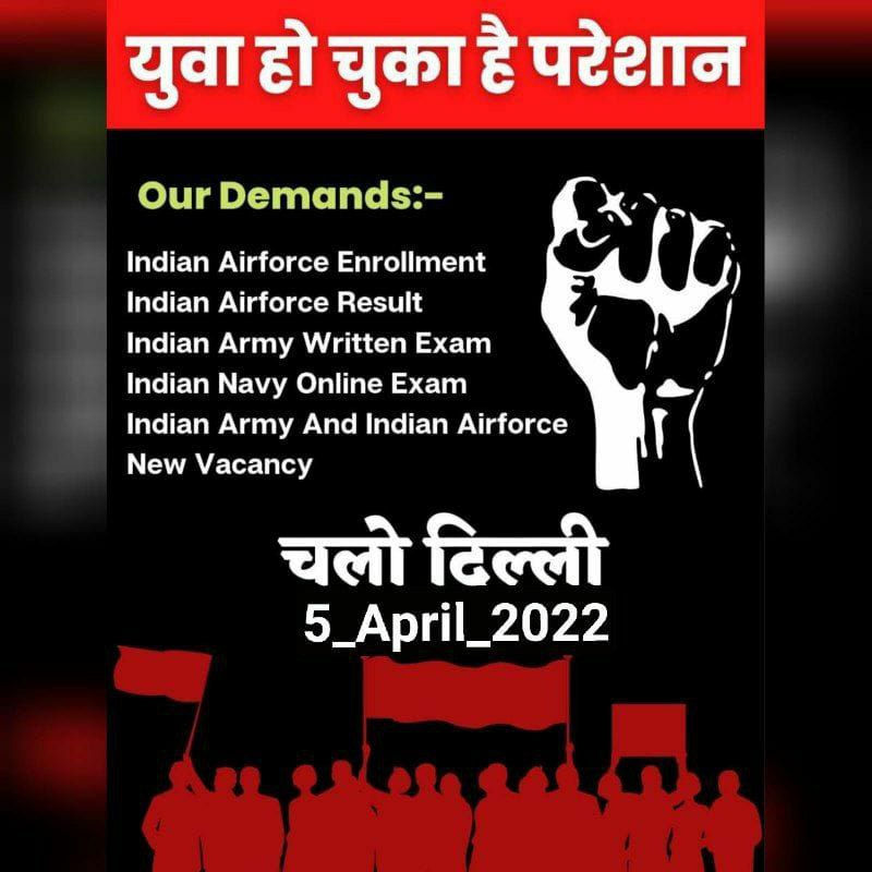 MohitKOSLIYA3's tweet photo. #airmenresultसेना भर्ती रैली और एग्जाम की मांग को लेकर कितने युवा 5 अप्रैल को दिल्ली महा आंदोलन में भाग ले रहे हैं #JusticeForDefenceStudents #JusticeForArmyStudents

 #Airmenresult 
#Army #Neavy #AirForce रीट्वीट करके अपनी सहमति दें।
@rajnathsingh @HMOIndia @PMOIndia https://t.co/6nC8zqeqXc