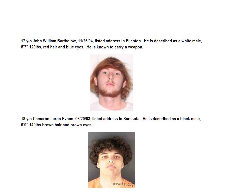 HolmesBeachPD's tweet photo. The Holmes Beach Police Department has obtained arrest warrants and all local law enforcement agencies are attempting to locate 18 y/o, Cameron Leron Evans of Sarasota, and 17 y/o John William Bartholow of Ellenton.  The warrants are for Aggravated Battery regarding this case. https://t.co/ulNSRWjkOb