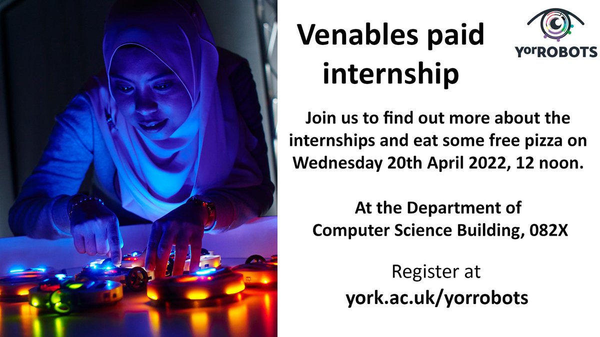 Looking for work this summer? Interested in #robotics research?

Join us on the 20th April to find out more about the Venables paid internship which is running this summer.

Book your place bit.ly/3JOQcnb