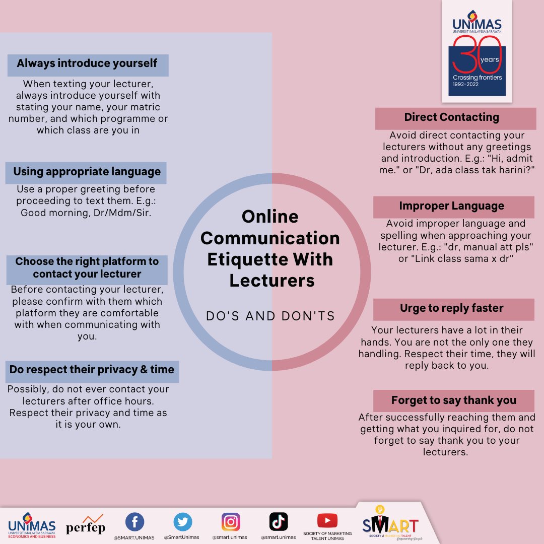 SmartUnimas's tweet photo. As a student, you should be familiar with basic lecturer etiquette. For example, before texting your professor, make sure you pick an appropriate time.
Read our poster on the Do's and Don'ts of Online Communication.
"Manner maketh man"
#SMARTUnimas
#EmpoweringPeople https://t.co/KGTyrZbcs7