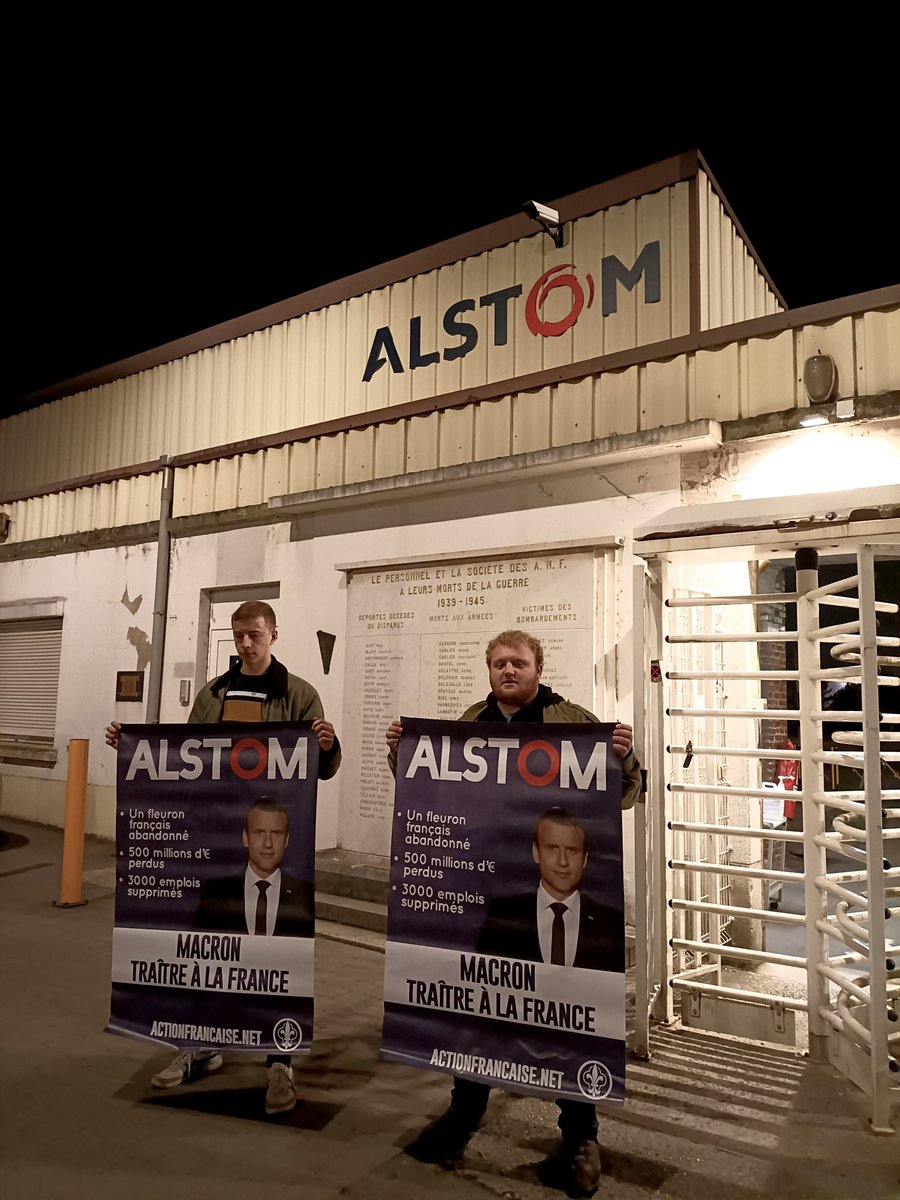 actionfrancaise's tweet photo. 🏭 Pour dénoncer le scandale d’État qu’est l’affaire #Alstom, les militants d’une quinzaine de sections de l’Action française ont entrepris, dans la nuit du 29 au 30 mars, une série d’actions d’affichage sur différents sites français de l’entreprise Alstom. https://t.co/reBiKMbgox