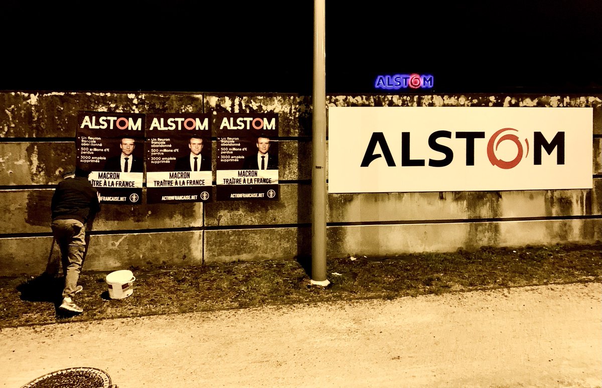 actionfrancaise's tweet photo. 🏭 Pour dénoncer le scandale d’État qu’est l’affaire #Alstom, les militants d’une quinzaine de sections de l’Action française ont entrepris, dans la nuit du 29 au 30 mars, une série d’actions d’affichage sur différents sites français de l’entreprise Alstom. https://t.co/reBiKMbgox