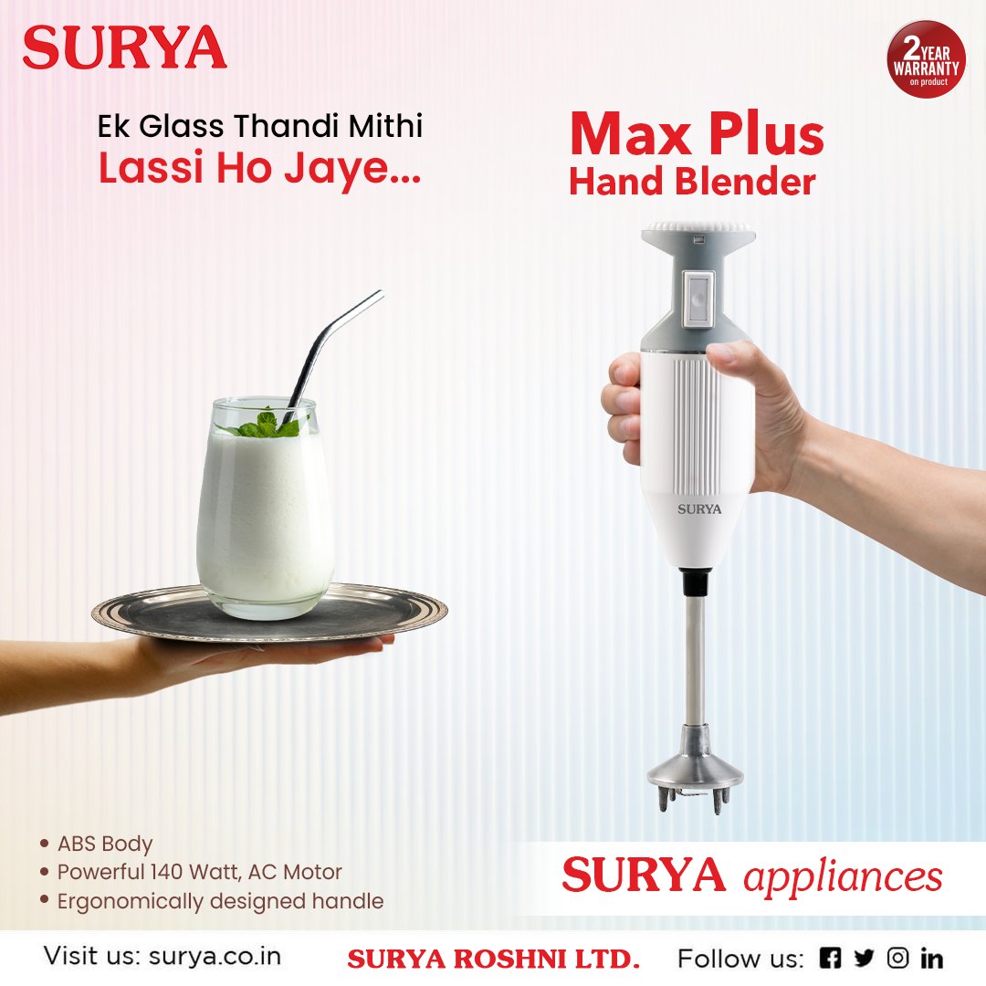 surya_roshni's tweet photo. Make thick delicious lassi for your entire family easily with Surya Max Plus Hand Blender.

Visit us at- https://t.co/AGhbNZRuUO

#Surya #SuryaAppliances #Summers #HandBlender #HandBlendingMachine #MaxPlusHandBlender #HandMixer #KitchenEssentials #KitchenAppliances https://t.co/ZNbftMlmGb