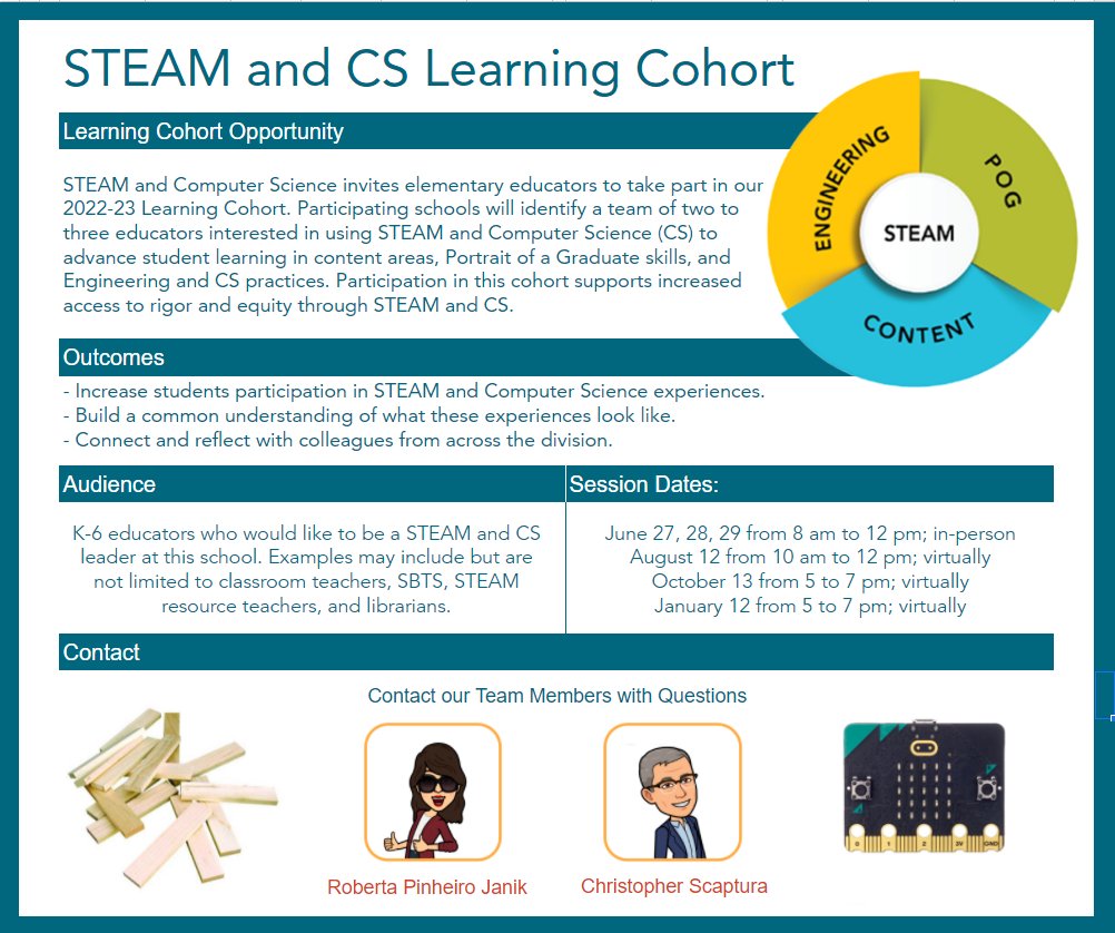 Seeking STEAM and CS enthusiasts to join our Summer-Fall or Spring cohorts. Integrate planks or microcomputers into your lessons. Gain resources and credit towards your #FCPSSTEAM endorsement. Read more at bit.ly/STEAM2022-23Co… Hope you join us! @fcpsaap #PBLinFCPS #fcps_pog