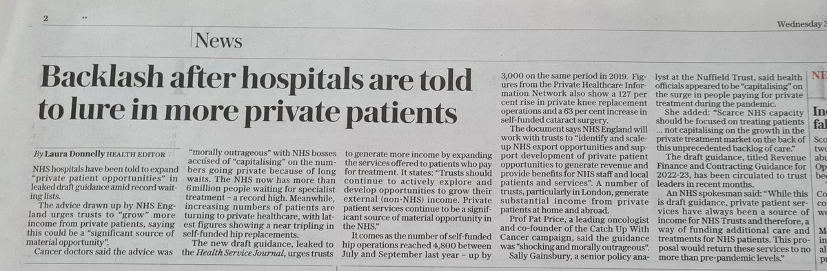 CatchUpWithCancer (@rtherapy4life) on Twitter photo "To be actively encouraging Trusts to boost private work using NHS resources as a revenue raiser when the country is facing the mother of all backlogs is shocking and morally outrageous & will further increase health inequalities" says <a href="/prof_price/">Professor Pat Price</a> in <a href="/Telegraph/">The Telegraph</a> #CatchUpWithCancer "To be actively encouraging Trusts to boost private work using NHS resources as a revenue raiser when the country is facing the mother of all backlogs is shocking and morally outrageous & will further increase health inequalities" says <a href="/prof_price/">Professor Pat Price</a> in <a href="/Telegraph/">The Telegraph</a> #CatchUpWithCancer
