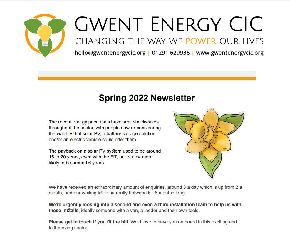Our Spring 2022 Newsletter is now available here - gwentenergycic.org/2022/03/30/mar… To sign up to our mailing list please email hello@gwentenergycic.org #renewables #wales #communityenergy #solarpv #evcp #monmouthshire