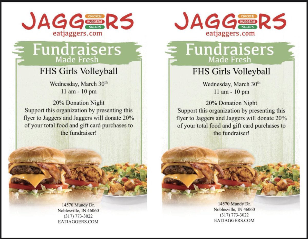 Today’s the day to eatjaggers!  Support FHS Girls Volleyball by dining to donate at Jaggers today from 11 am - 10 pm.  Be sure to show this flyer when ordering or paying!