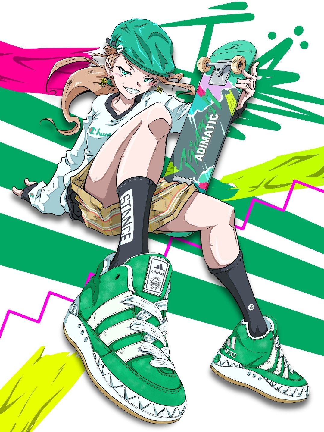 青木 伴イラストレーター ご依頼受付中 Adidas Adimatic Green あんよチャン スニーカーイラスト足目完成 アディダスのイヤリングや アディマティック Hp仕様のデッキなど 随所にこだわりを散りばめてみました スケボー女子