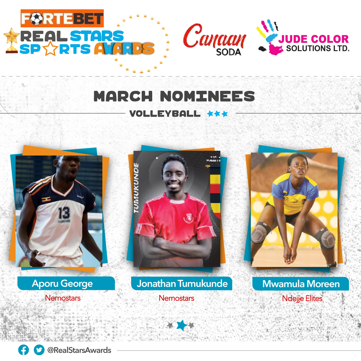 AwardsReal's tweet photo. @ForteBet_Uganda Real Stars Sports Awards, | Volleyball | Best of March, 2022 | Nominees.
To vote, mention the name of your best in the reply section.
@jude_color @SportsNationUg @NCSUganda1 @Official_UOC @Ugvolley @CephasTendereza 
@NdejjeUnive @nemostarsclub https://t.co/PgwO98YCvm