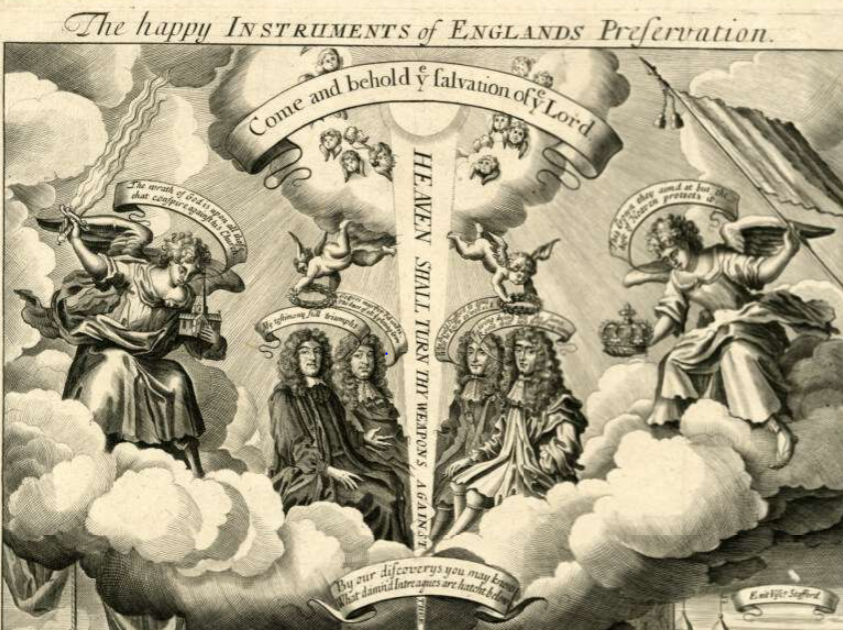 BunyanSociety's tweet photo. A 1681 satirical broadside on the #PopishPlot, with an engraving on two levels (thread). At the top, the apotheosis of the witnesses to the Plot (Titus Oates, Miles Prance, Stephen Dugdale & William Bedloe) sitting on clouds, crowned with laurel wreaths by two cherubim. 1/5 https://t.co/ivSUOneNQg