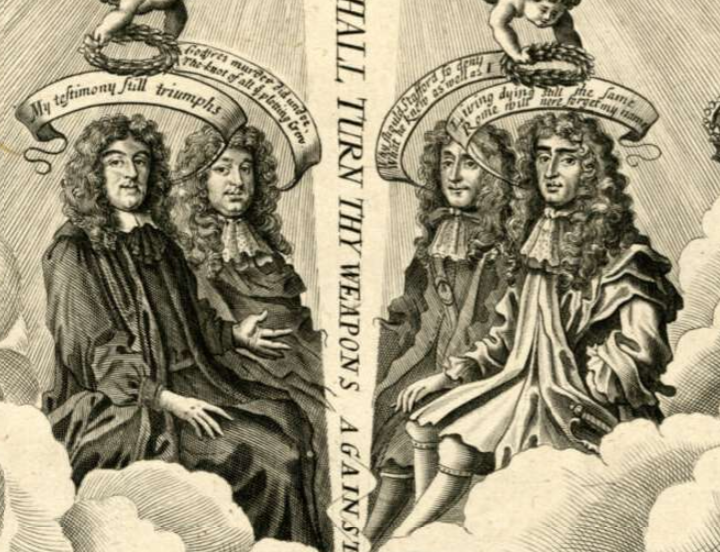 BunyanSociety's tweet photo. A 1681 satirical broadside on the #PopishPlot, with an engraving on two levels (thread). At the top, the apotheosis of the witnesses to the Plot (Titus Oates, Miles Prance, Stephen Dugdale & William Bedloe) sitting on clouds, crowned with laurel wreaths by two cherubim. 1/5 https://t.co/ivSUOneNQg