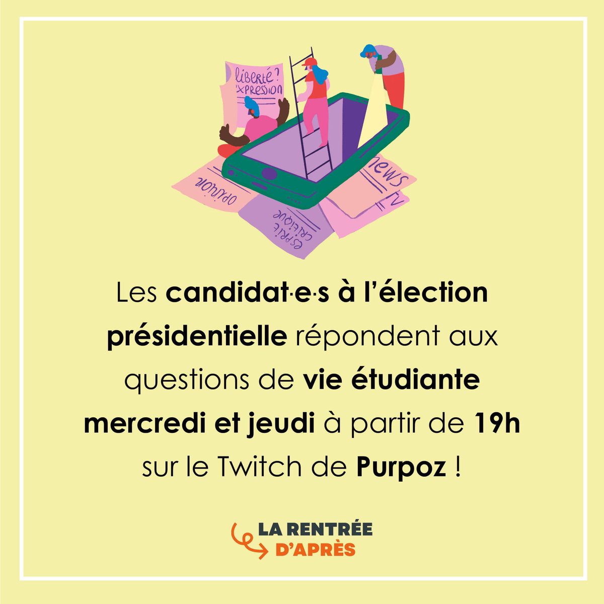 Avec @animafac et nos partenaires on se retrouve ce soir &amp; demain sur Twitch de <a href="/Purpoz_appli/">Purpoz</a> pour parler #VieEtudiante avec les partis candidats à l'élection #Présidentielle2022 ! Pour la première soirée, on accueillera <a href="/partisocialiste/">Parti socialiste</a> @enmarchefr et <a href="/FranceInsoumise/">La France insoumise</a> RDV à 19h