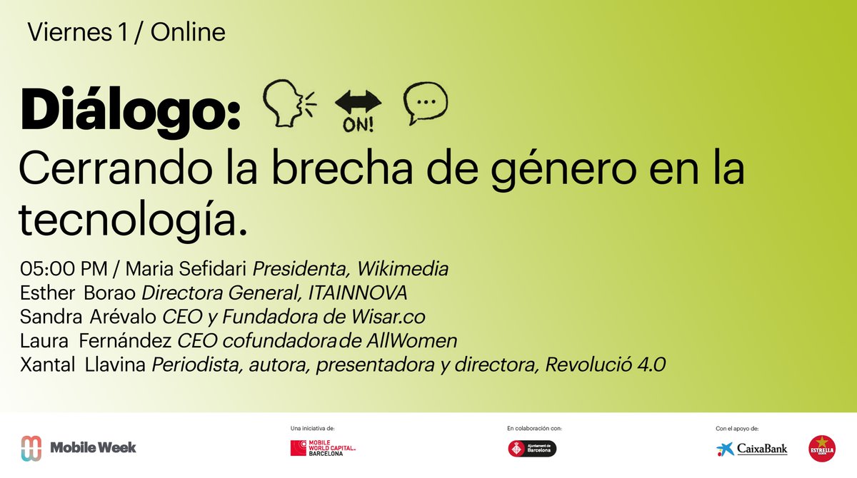 🗓️Viernes 1 de Abril
⏰ 5:00 pm (Barcelona)
 📍Online

Desde Wisar nos unimos a la Mobile Week Barcelona, dialogando con mujeres referentes sobre la brecha de género en tecnología.

Únete al diálogo 👉 mweek.com/es/agenda/tanc…

#Barcelona #mWeekBcn22