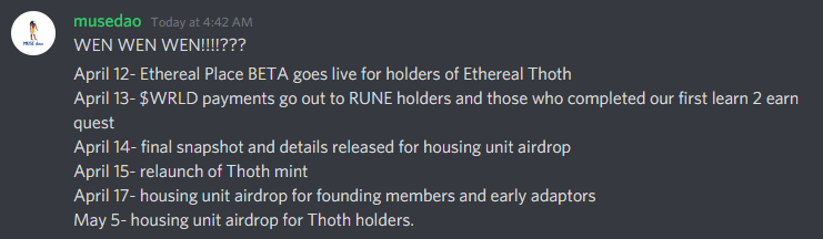 museoraia's tweet photo. Wen housing units?
Wen RUNES <-> $WRLD?
Wen Ethereal Place Multiverse Browser?
Wen Thoth re-launch?

Finally, we've got some dates for you! 🏛️🛕 https://t.co/3QOgIeIKLn