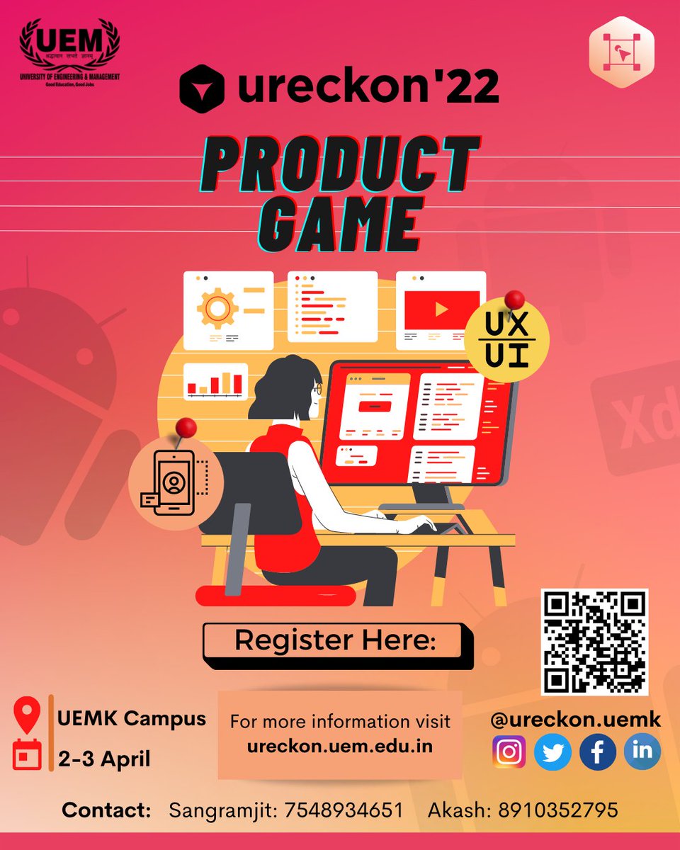Ureckon_Uemk's tweet photo. URECKON 2022 brings forth its UI-UX Design event- Product Game to allow fresh enthusiasts to create products that provide meaningful and enjoyable experiences for users.
Hurry up and register below: https://t.co/ck0UgDWzUV https://t.co/wBQY8CSpxb