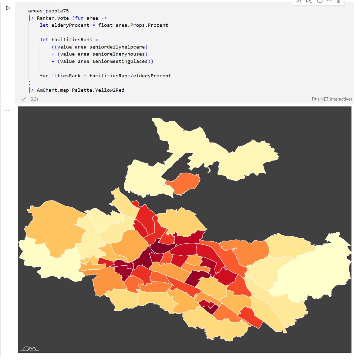 florence_dev's tweet image. Another fun with #fsharp and #dotnetinteractive, this time analyzing services for elderly people in #Dresden 
The attached code snippet is the complete solution. All types are autogenerated by type provider from downloaded publicly available files (hence German lang  for props)