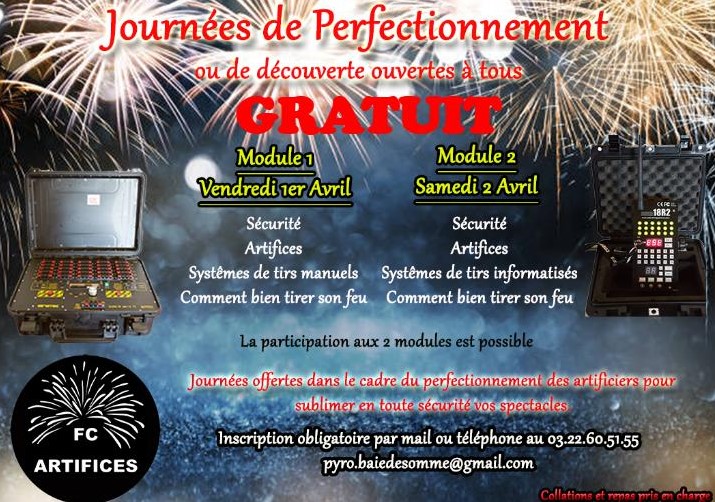 FC Artifices vous propose des journées de perfectionnement.
Contact par mail ou par téléphone uniquement
Journées 100 % gratuite