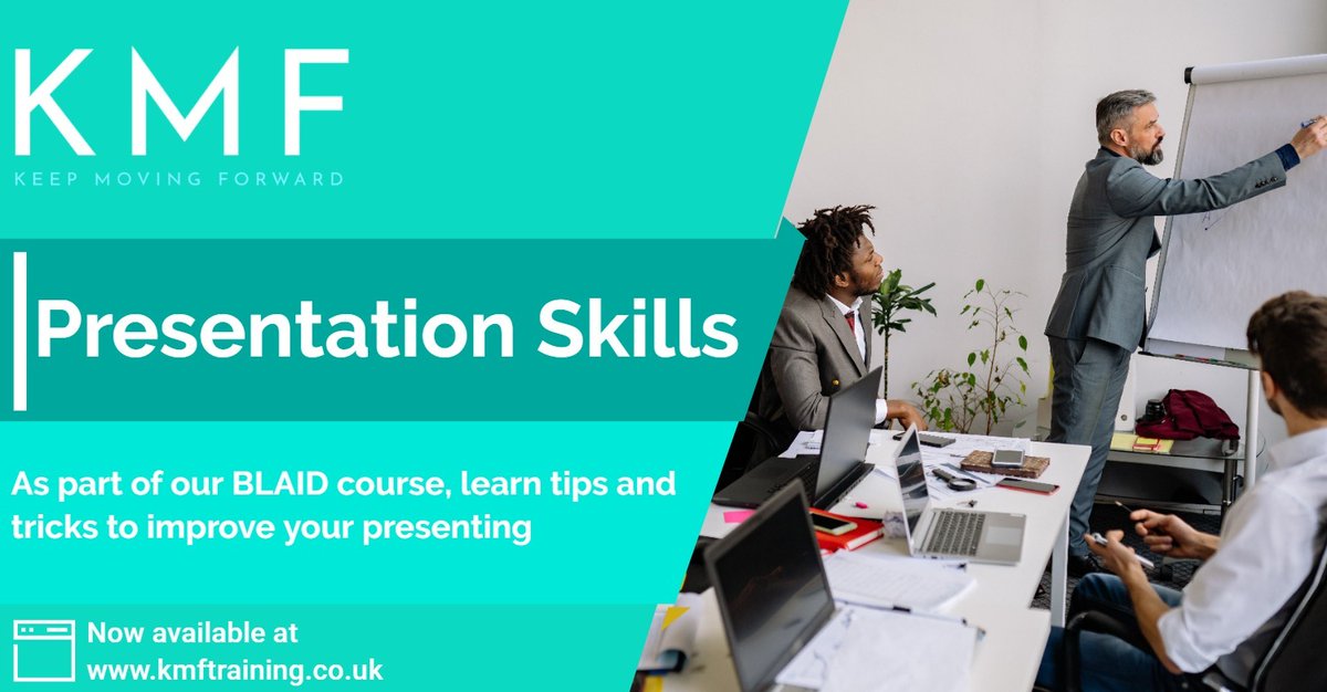 kmf_training's tweet photo. Are you looking to improve your presenting skills? Need an easily accessible course to do so? Here at KMF we provide a variety of BLAID courses, including the topic of presentation skills. 
To learn more visit our website at
https://t.co/JwOcXWJiLm https://t.co/4CBf45cxgj