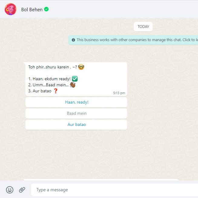 tech_vani's tweet photo. 'Bol Behen' ChatBot on #WhatsApp is just awesome 😍

#BolBehen #socialmediatips #technology #TechWorldIndia22 https://t.co/IHLLnNHcc1