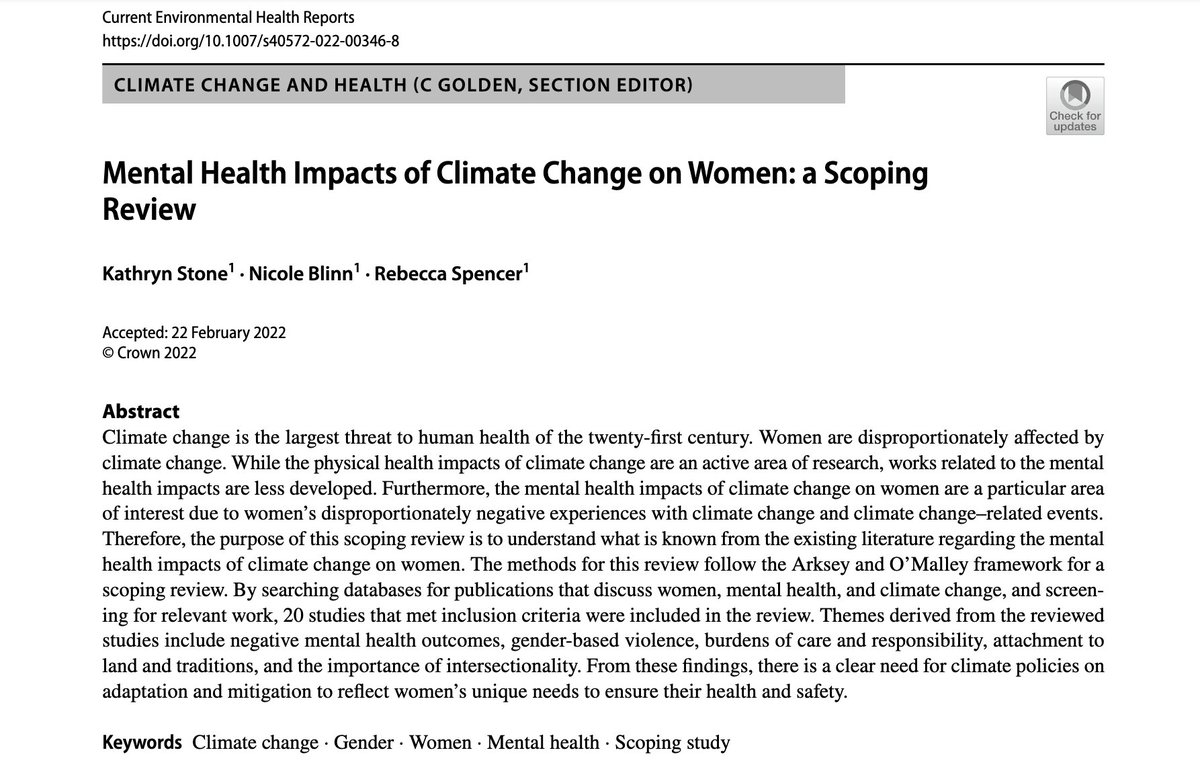 📢Forgot to come in hot w a pub alert! 📢 Big thank you to @SpencerBeckyAnn and @itsnicnow_ for lots of guidance and assistance on this one. 

A scoping review on the impacts of climate change on women's mental health 🌍🧠link.springer.com/article/10.100…