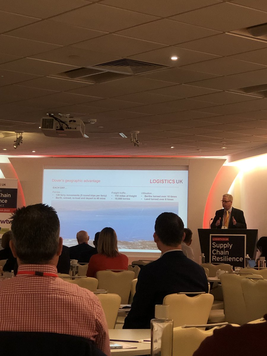 Port_of_Dover's tweet photo. Port of Dover CEO Doug Bannister speaking to the @LogisticsUKNews Supply Chain Resilience Conference today about how Dover provides resilience for UK trade, using our geographic advantage to deliver unparalleled frequency of ferry crossings & secure just in time supply chains. https://t.co/Brvtta6x9H