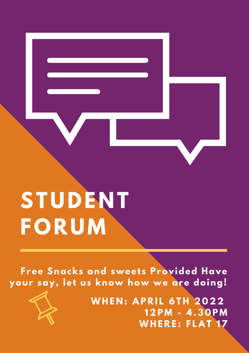 We are having a student Forum on Wednesday 6th of April between  12.30pm and 4.30 pm in flat 17. We want to hear your thought's about Brookside so pop into to see John your CSA and have some free snacks #Brookside #DerwentStudents