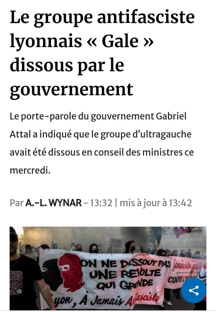 antifa_lyon's tweet photo. ⚠️ALERTA : Nous sommes officiellement le premier groupe antifasciste dissout par le gouvernement. Nous allons réagir. 
Si notre compte saute, écrivez nous sur lyonantifa@riseup.net 

@GDarmanin tu ne veux pas la guerre, mais pourquoi tu allume la mèche ? https://t.co/NnOQnomOLg