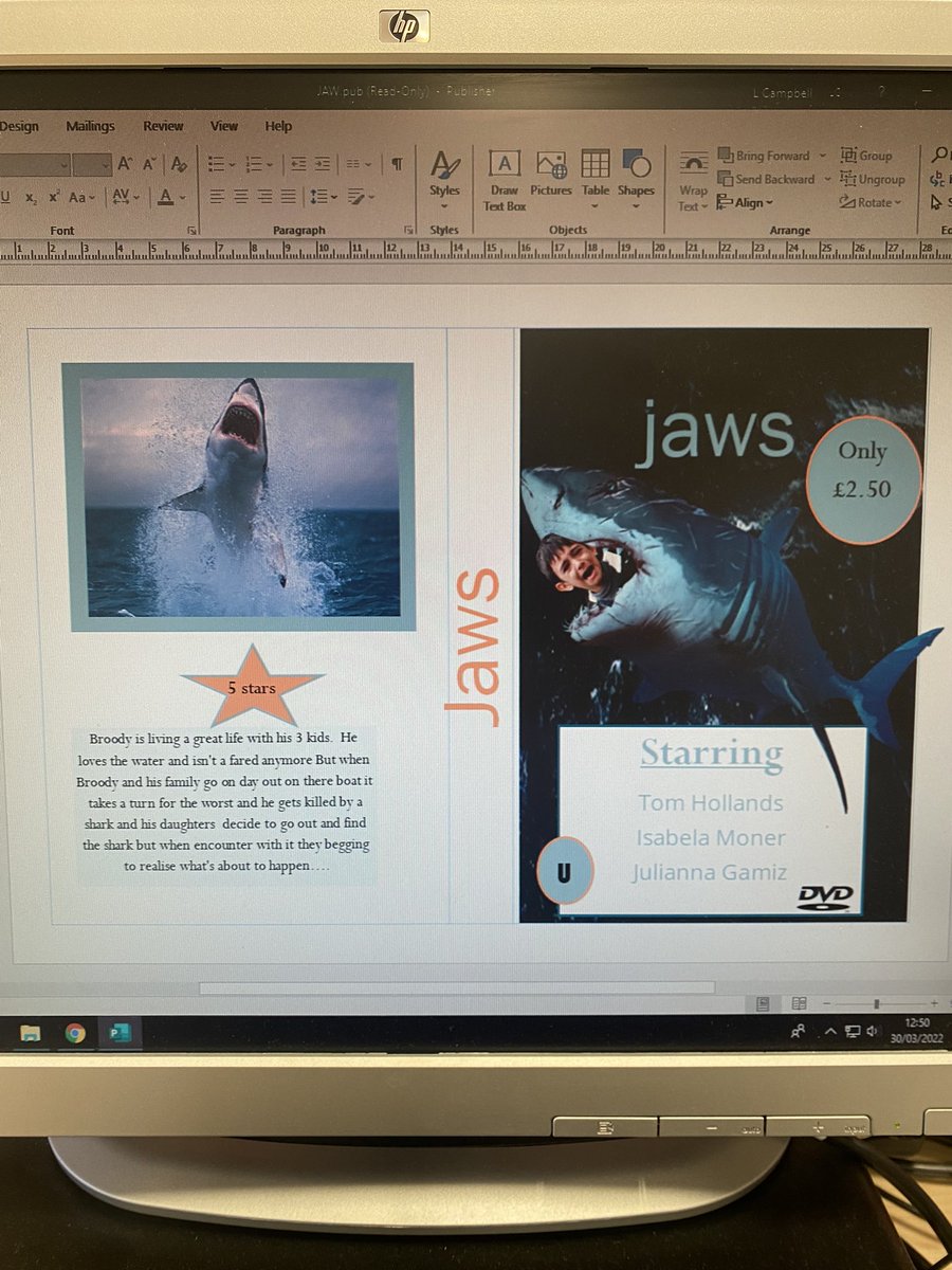 MissCBusEd's tweet photo. 2F have created some excellent DVD covers for their ‘Jaws’ sequel which they have been working on in English!  👏🏼 @StAndrewsIct @StAndrewsA_Eng https://t.co/RIviz6C8oK