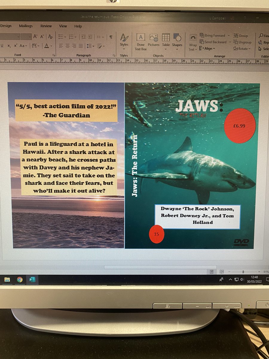 2F have created some excellent DVD covers for their ‘Jaws’ sequel which they have been working on in English!  👏🏼 <a href="/StAndrewsIct/">St Andrew’s Academy ICT Department</a> <a href="/StAndrewsA_Eng/">St. Andrew’s Academy English Department</a>