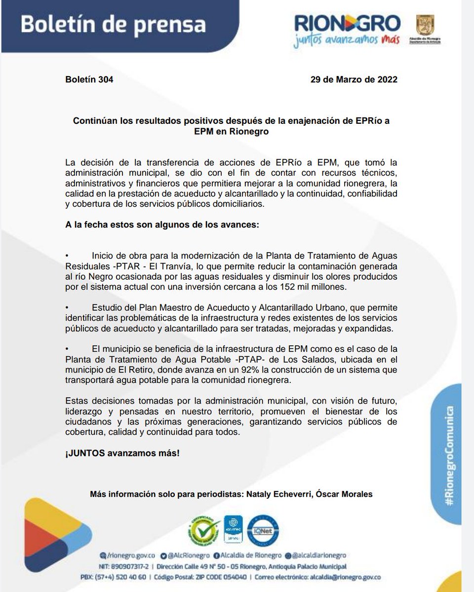 AlcRionegro's tweet photo. Continúan los resultados positivos después de la enajenación de EPRío a 
@EPMestamosahi en Rionegro.
La decisión se dio con el fin de mejorar para la comunidad rionegrera, la calidad en la prestación de acueducto y alcantarillado, así como cobertura de los servicios públicos. https://t.co/t4JpqCwQ0m