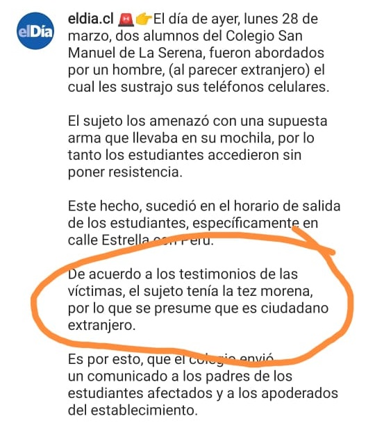 CathyGomezC's tweet photo. No quería partir mi día sin repudiar esta nota de @eldia_cl, donde se le atribuye la comisión de un delito a un inmigrante sólo porque "el sujeto tenía tez morena". Los medios de comunicación no pueden seguir con la lógica de los estereotipos ni menos fomentando el prejuicio! https://t.co/Fpl7ClC8QI