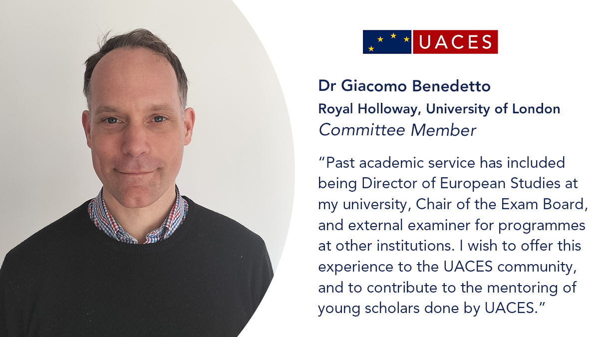 UACES's tweet photo. 🎉🤝🎉
Dr Giacomo Benedetto @ggbenedetto from Royal Holloway, University of London @RoyalHolloway will join the UACES Executive Committee as Committee Member.
2/4 https://t.co/6z1v2Tvf0J