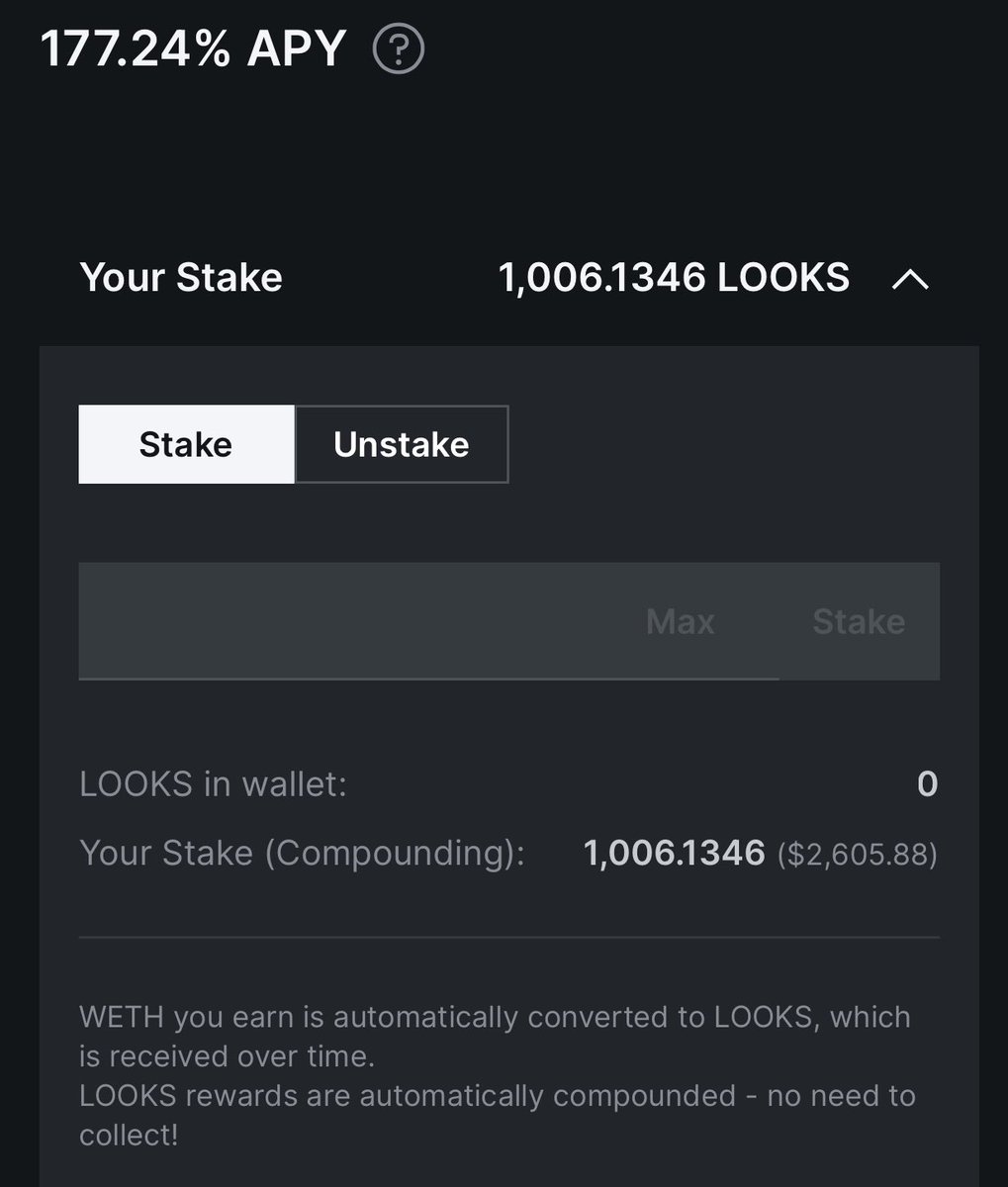 laperversa_vip's tweet photo. I just staked 1000 $LOOKS #looksrare   In the new weth autocompounder. I’ll check back in 3 years when 1 $LOOKS =$500 🤑 https://t.co/X5rdOhHYaF