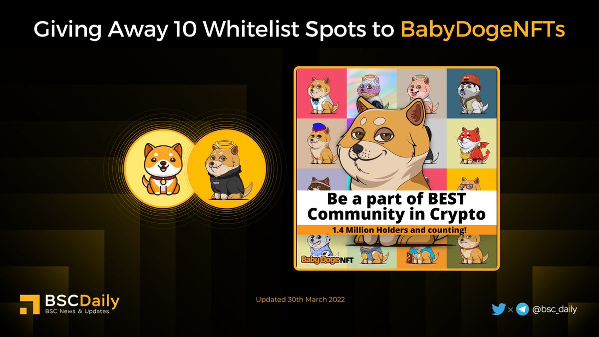 bsc_daily's tweet photo. 📢 Giving away 10 Whitelist Spots to @BabyDogeNFTs 🔥

@babydoge is one of the Best #MEME Coins with a Powerful Community in #BNBChain 🚀

Introducing @BabyDogeNFTs .🎁
The #BABYDOGE Event is going until 1st @ 3pm EST!
Read More👇

#BNB #BSC #NFT #Giveaways https://t.co/IqZbsqeSub