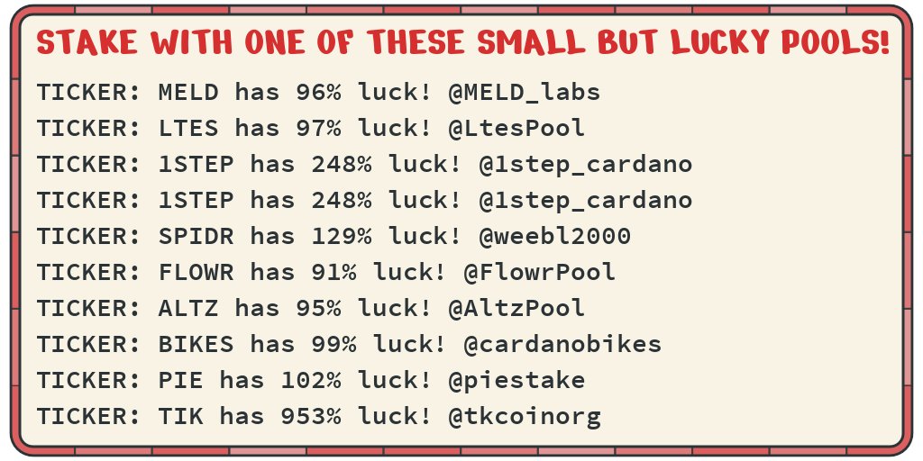 COCO and these other small pools all have good luck, make blocks and return rewards. Stake with them! #cardano <a href="/LtesPool/">LTES Stake Pool</a> <a href="/1step_cardano/">1STEP Cardano Stake Pool</a> <a href="/1step_cardano/">1STEP Cardano Stake Pool</a> <a href="/weebl2000/">Winston Smith</a> <a href="/FlowrPool/">FLOWRStakePool</a> <a href="/AltzPool/">ALTZ Pool &WMT EarthNode</a> <a href="/cardanobikes/">Nate | BIKES - SPO & DRep</a> <a href="/piestake/">PIE is retiring 🥧</a> @tkcoinorg