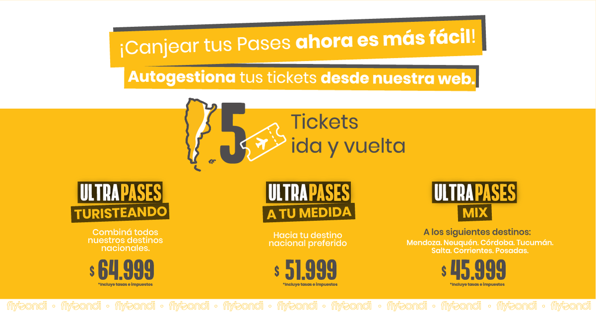 flybondioficial's tweet photo. ¿Tenes ganas de conocer cada rincón de Argentina?🌎 Entonces no te pierdas nuestros #UltraPases 🎉
Ingresá acá 👉 https://t.co/c8FExSjS5t, seleccioná el #UltraPase que más se adapta a vos y ��listo! Viajá #UltraLowCost todo el año ✈️

Más info en 👉 https://t.co/tbZRDP2z0X https://t.co/c9nVlzVNk1