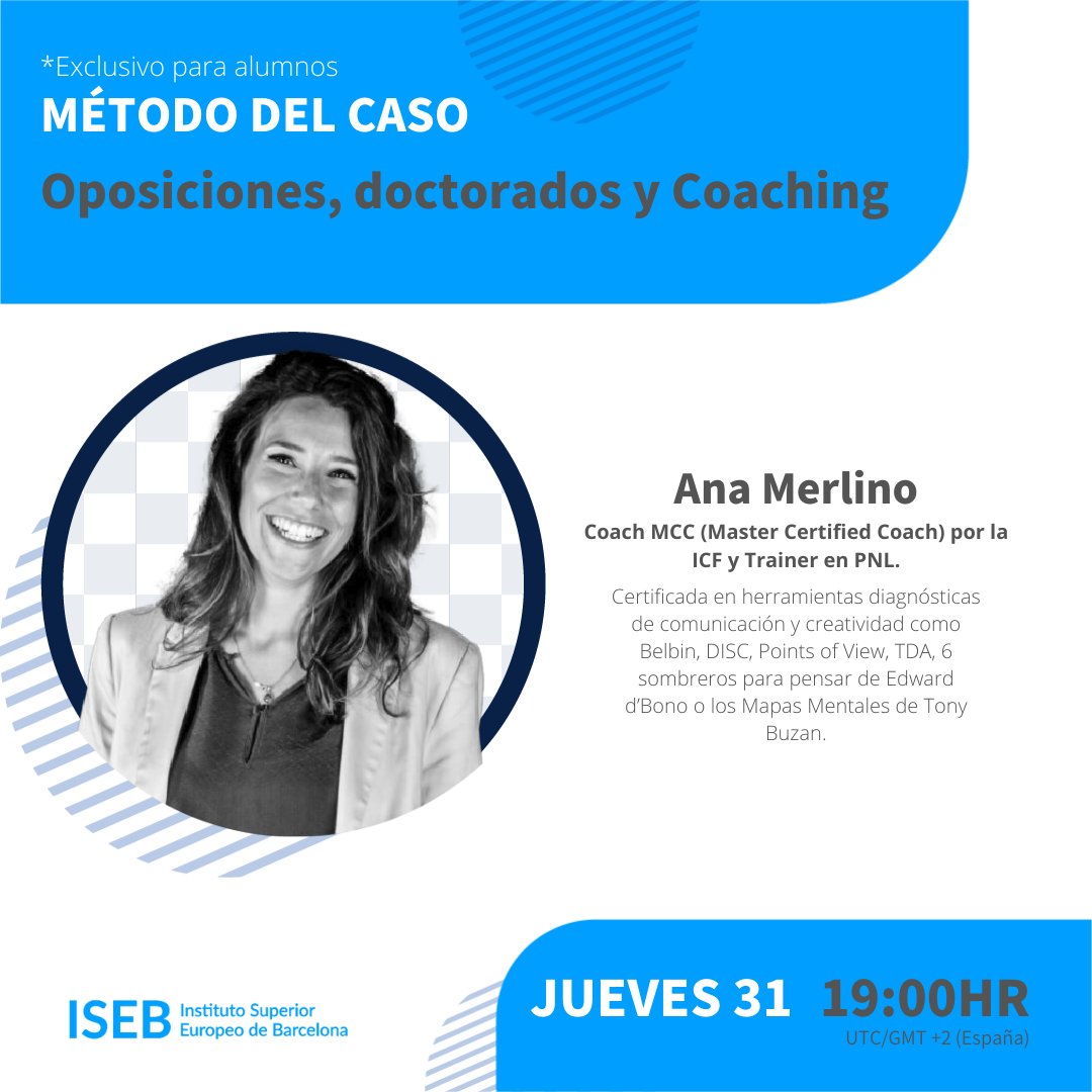iseb_es's tweet photo. ¡Último método del caso del mes! 👀

¿Cuándo? 📆 MAÑANA, 31 de marzo, a las 19h (UTC/GMT +2), Ana Merlino nos ofrece el caso “Oposiciones, doctorados y Coaching”.

Únete a la sesión a través del campus virtual 📲

#productividad #tesis #objetivos https://t.co/pIDuA2ZqAM