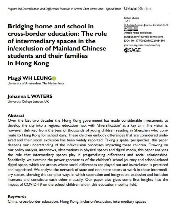 USJ_online's tweet photo. New #SpecialIssue paper by Maggi Leung and Johanna Waters: 'Bring home and school in #CrossBorderEducation: The role of intermediary spaces in the in/exclusion of Mainland Chinese students and their families in #HongKong' https://t.co/dquzk3svAQ https://t.co/s69OYjEShb